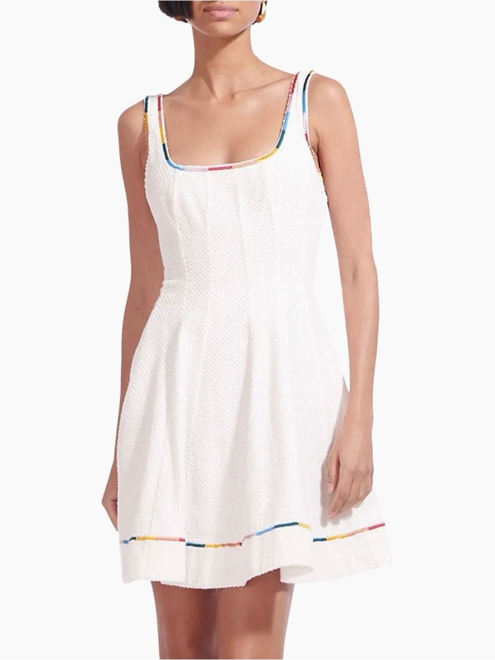 STAUD White Textured Wells Embroidery Mini Dress with Multi-Color Trim